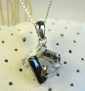 Modern Sterling Silver Black Hematite CZ Geometric Square Box Chain Necklace 24" - Picture 1 of 7