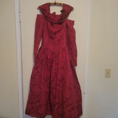 Vestido Jessica McClintock Brocado Borgoña Años 80 Hombro Descubierto Talla 10 Foto 1 de 4