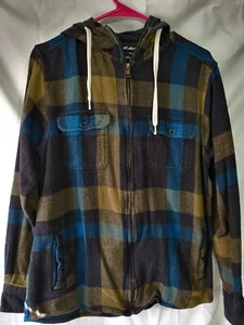 KAVU Herren Hoodie blau kariert Flanell Shacket Hemd Jacke Reißverschlusstaschen Medium - Bild 1 von 5