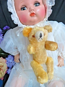 ANTIQUE German Golden MOHAIR stuffed TEDDY BEAR 7" doll size JOINTED glass eyes - Picture 1 of 7