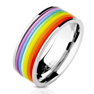 Gay Pride Ring Rainbow Colored Rubber Rings Stainless Steel 8mm Band LGBTQ - Picture 1 of 2