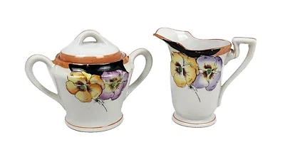 Juego de azucarero y crema vintage ~ flores de pensamiento pintadas a mano porcelana ~ Japón Foto 1 de 4