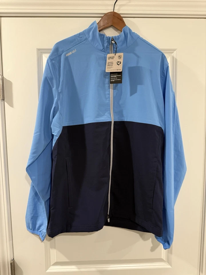 Chaqueta de golf PUMA Monterey Wind para hombre talla grande nueva con etiquetas azul/azul marino bloques de colores Foto 1 de 3