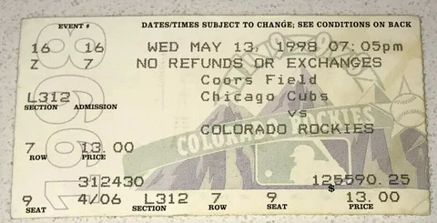 5/13/98 Chicago Cubs Rockies Coors Field Ticket Stub Todd Helton Career HR #10 Cover
