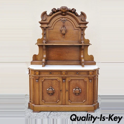 Victorian Carved Walnut Marble Top Custom Sideboard Buffet Cabinet w/ Backsplash Cover
