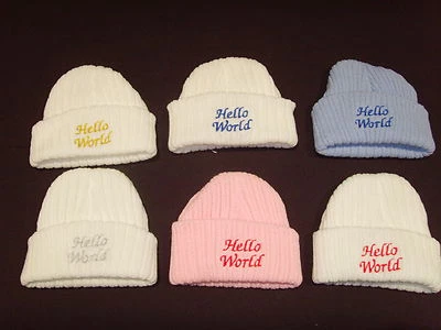 Baby Knitted Wool Embroidered Personalised Hat With Saying Hello World