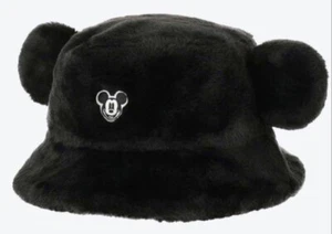 Tokyo Disney Resort Fluffy Bucket Hat Black Mickey Ears Winter Cap Japan JP Used - Picture 1 of 10