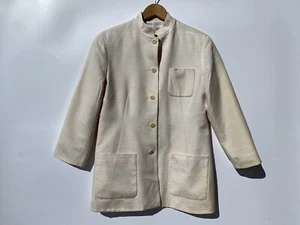 Oscar de la Renta Ivory Silk Tweed Bandhgala Blazer 10 - Picture 1 of 16