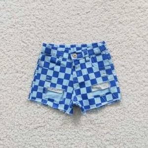 Blue Checkered Denim Shorts Distressed Jeans Toddler Boys - Picture 1 of 4