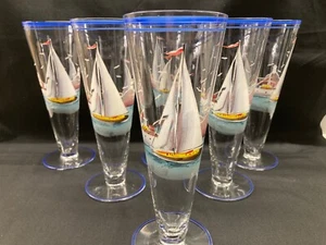 Nautical Sailboat beer glasses. Set of 6 1940's era 8 oz. VG - Ex Cond. - Picture 1 of 13