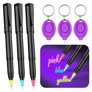 3 Pcs Invisible Ink Pen w/ UV LED Keychain Flashlight Pen for Secret Notes - Picture 1 of 7