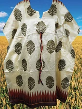 Recycled sari kaftan For Women, Beige Green Handmade Floral Print  Dress  L-4XL