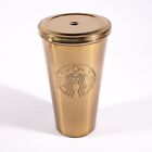 2014 Starbucks Gold Logo Cold Cup 16 Oz Tumbler Steel 7" Coffee Mug Tea Cup