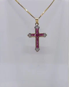 Vintage 14k Yellow Gold Natural Ruby And Diamond Cross 17 Inch Box Chain - Picture 1 of 15
