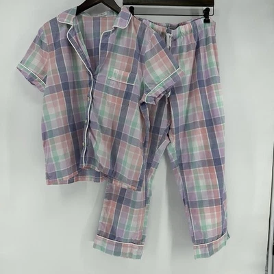 J. Conjunto de pijama de algodón Crew para mujer manga corta botón delantero pastel ligero Foto 1 de 4