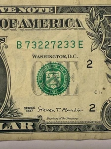 Trinary One Dollar Bill $1 2s 3s 7s District 2 Series 2017 Fancy Serial Number 1 - Picture 1 of 10