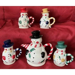 Temp-tations By Tara Snowman Tea/Coffee Pot &4 Mugs Cups With Lids Retired- NOB - Picture 1 of 4