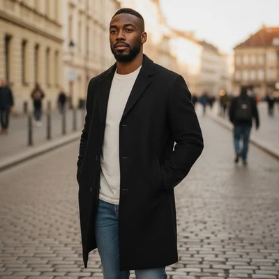 Jos A Bank Mens 44L Overcoat Wool Cashmere Black Dress Coat Long Topcoat Career - Image 1 of 4