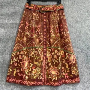 Farm Rio Midi Skirt A-Line Medium Burgundy Belt Pocket Button Lined Cotton Poly - Picture 1 of 15