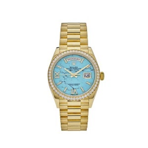 Rolex Day-Date 36 128348RBR Yellow Gold Diamond Bezel Turquoise Diamond Dial - Picture 1 of 9