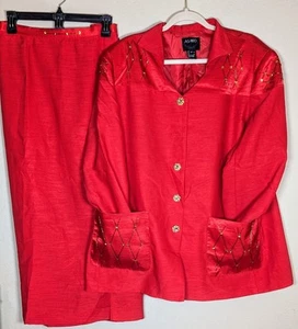 ASHRO Women's Skirt Suit ~ Red with Gold Beads and Sequins Fancy Buttons Sz 20 - Picture 1 of 13