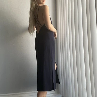 Nuevo sin etiquetas Vestido Maxi Sin Mangas Topshop Cuello en V Espalda Baja con Ribete de Encaje Azul Marino y Negro Foto 1 de 4