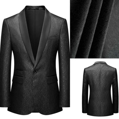 Men Black Jacquard Suit Satin Shawl Lapel Jacket Single Breasted Party Formal - Image 1 of 4