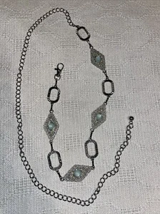Unbranded Fashion Belt Womens One Size Silver Color Blue Pearlized Stones Party - Picture 1 of 12