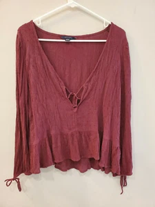 AMERICAN EAGLE OUTFITTERS AEO Maroon Burgundy Long Sleeve Ruffle Blouse Top M - Picture 1 of 3