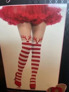 Rudolph Reindeer Striped Tights w/ Antlers Sheer Top Holiday Cosplay Costume - Picture 1 of 1