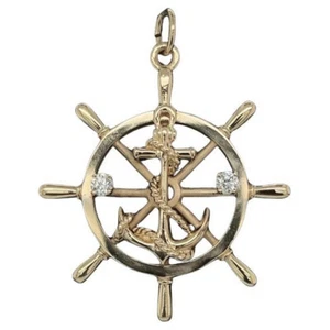 Vintage Diamond Gold Anchor on Helm Charm Pendant - Picture 1 of 4