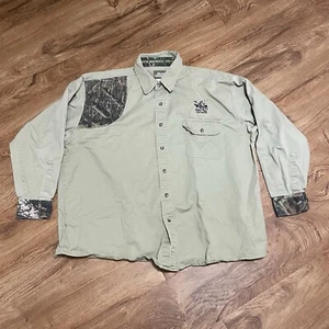 Quail Unlimited Hunting Beige Camo Shirt Men Size Measured Shooting Shoulder Pad - Picture 1 of 10