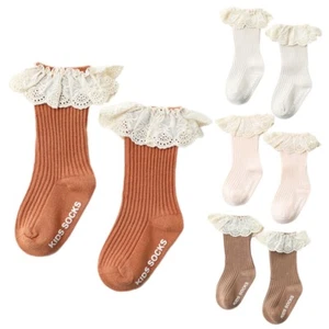 Infant Baby Girls Knee High Socks Ruffled Lace Ribbed Non-Skid Cotton Stockings - Picture 1 of 16