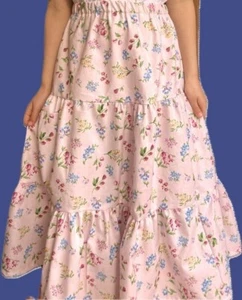 Girl long full tiered cotton floral skirt modest pink Prairie custom sz XS S M L - Picture 1 of 2