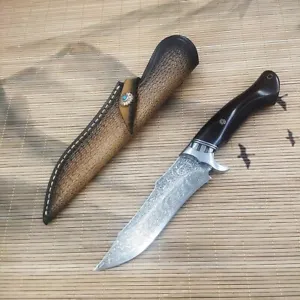 Clip Point Knife Fixed Blade Hunting Survival Camp Damascus Steel Leather Sheath - Picture 1 of 24