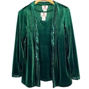 Quacker Factory Velour Sequin Two Piece Set Size M Green Top & Cardigan Artsy - Picture 1 of 12
