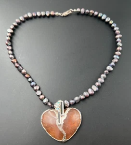 999 SILVER ARTISAN MODERNIST GEMSTONE HEART PEARL STRAND NECKLACE 17" - Picture 1 of 8