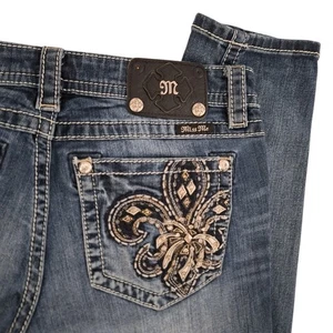 Pantalones de mezclilla ajustados Miss Me Signature para mujer 31 x 29" Bling Fleur de lis Boho elásticos - Imagen 1 de 21