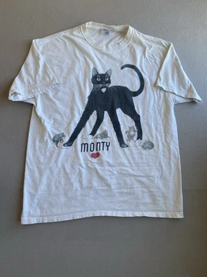 Винтажная белая футболка 90-х Front Cats с рисунком на Hanes тяжелый вес бирка размер L - Изображение 1 из 4