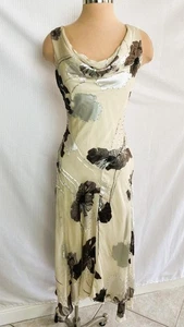 CACHE VTG Y2K Size 6 Tan Brown Beaded Silk Asymetrical Midi Dress 6 - Picture 1 of 7