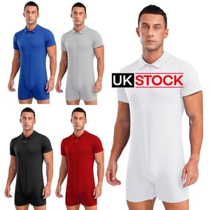 Mens Short Sleeve Lapel Collar Romper One Piece Stretchy Workout Sports Bodysuit - Picture 1 of 60