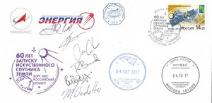 Roskosmos 60th Anniversary Sputnik 1 geflogenes Cover signiert Sojus MS-05 MS-06 Crew - Bild 1 von 2