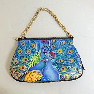 Bolso de mano de cuero de pavo real pintado a mano Sharif vintage correa de cadena dorada Foto 1 de 4