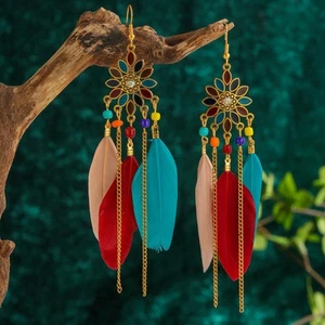 Orecchini pendenti boho piuma nappa per donna gioielli etnici bohemien regalo - Foto 1 di 30