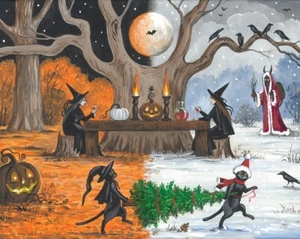 18x24 print OF PAINTING CHRISTMAS HALLOWEEN RYTA KRAMPUS SALEM BLACK CAT WITCH - Picture 1 of 1