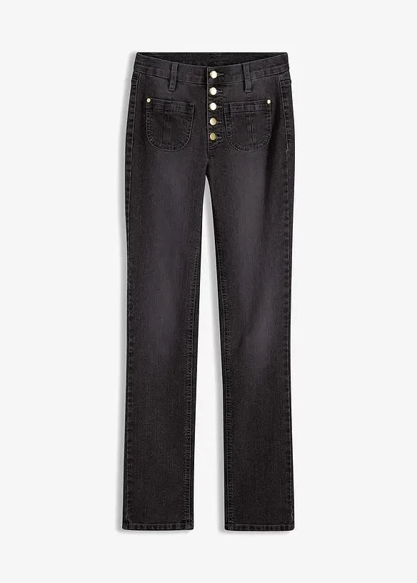 Jeans mit Knopfleiste und geradem Bein Gr. 46 Schwarz Damen-Hose Pants Neu* - Bild 1 von 1