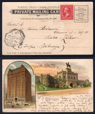 CHICAGO 1901 Masonic Temple Postcard to CZECHIA - Image 1 of 3
