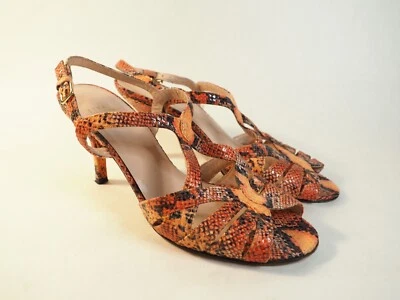 Stuart Weitzman Orange & Black Snakeskin Strappy Leather Peep Toe Heels, Size 8 - Image 1 of 4
