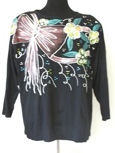 Vtg Women Crystal Hand Painted Glittery Top Black Evening Party Tee Shirt 3XL - Picture 1 of 1