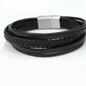 Men's 8.5" Stainless-Steel Black.Braided Leather.Magnetic.Bracelet*Unisex BOX - Picture 1 of 4